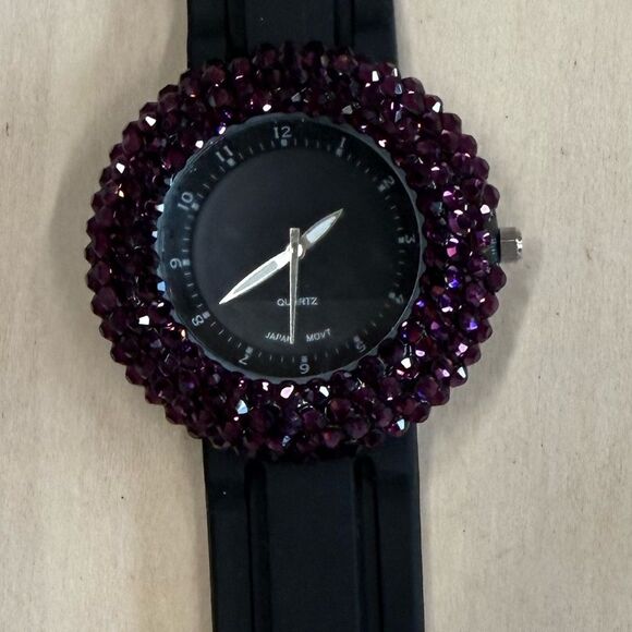 Gorgeous generic quartz watch new battery rubber band so much bling PURPLE - Picture 4 of 8